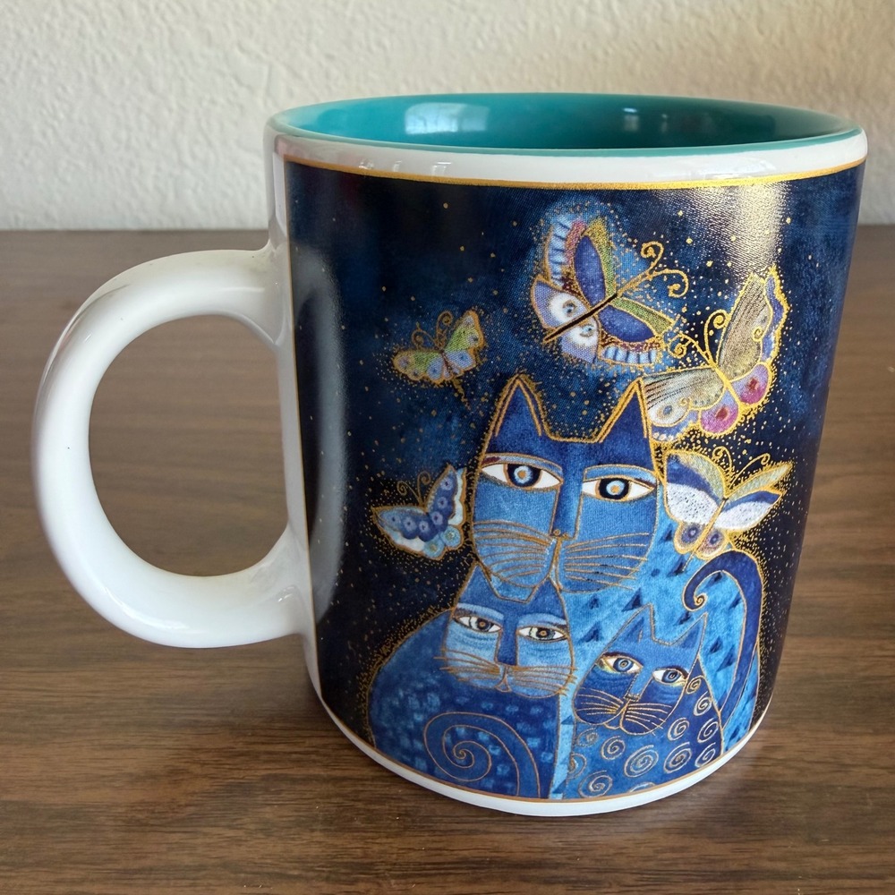 Laurel Burch Indigo Cats and Butterflies Coffee Mug Blue Gold Ceramic Tea Cup - Picture 4 of 8